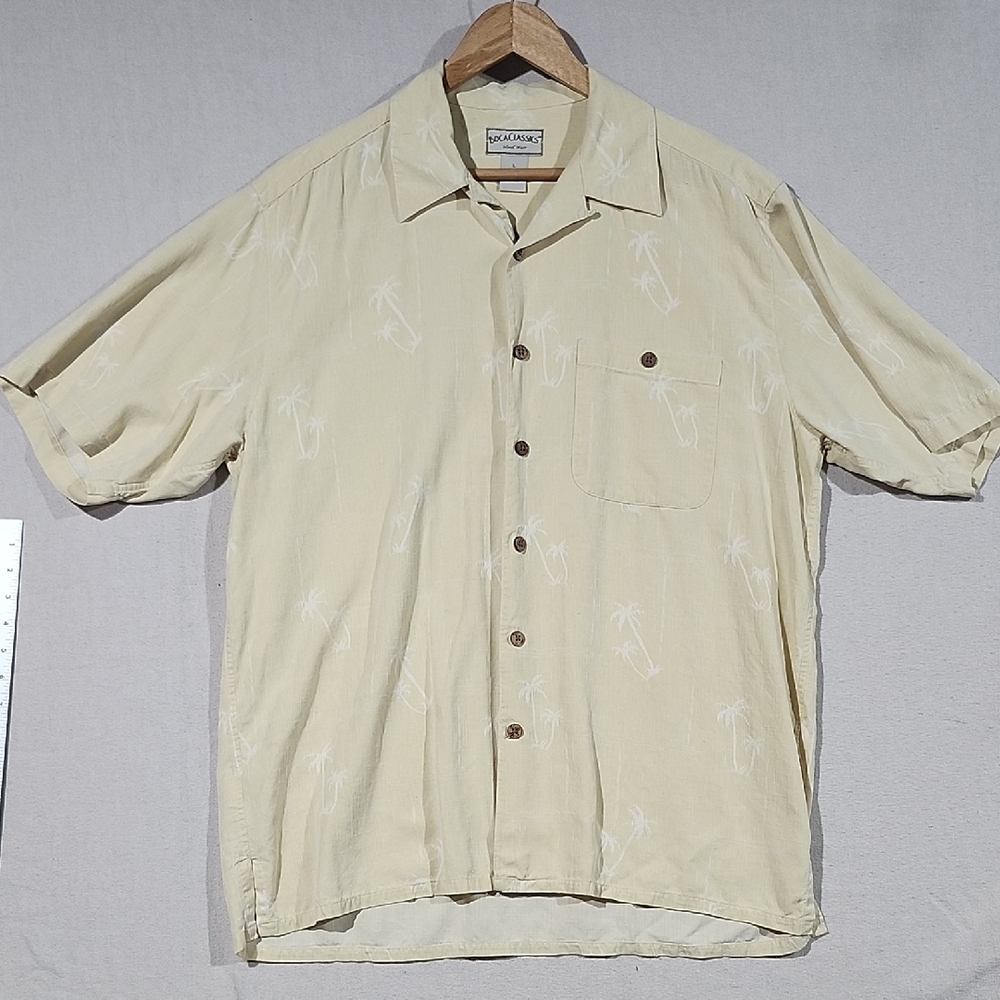 Boca Classics Silk Men's Soft Yellow Short‎ Sleeve Tropical Print Button Shirt L